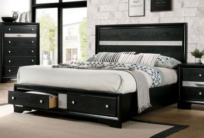 1pc Contemporary Queen Size Bed Black Solidwood 1pc Bed Bedroom Furniture Storage FB