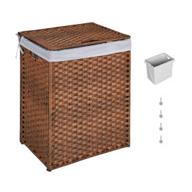 Laundry Hamper With Lid PE Rattan Powder Coating Frame Clothes Hampers with 01 Removable Bags, 100L, Brown Color