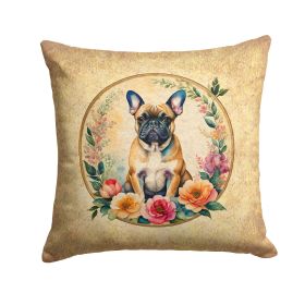 Fawn French Bulldog and Flowers Throw Pillow Machine Washable, Indoor Outdoor Decorative Pillow for Couch, Bed or Patio, 14Hx14W