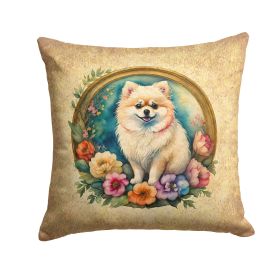 Pomeranian and Flowers Throw Pillow Machine Washable, Indoor Outdoor Decorative Pillow for Couch, Bed or Patio, 14Hx14W