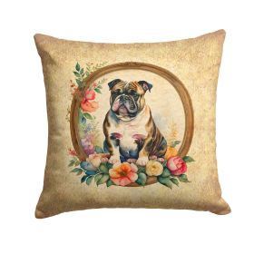 English Bulldog and Flowers Throw Pillow Machine Washable, Indoor Outdoor Decorative Pillow for Couch, Bed or Patio, 14Hx14W