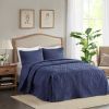 3 Piece Split Corner Pleated Quilted Bedspread Navy Queen