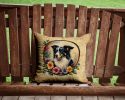 Border Collie and Flowers Throw Pillow Machine Washable, Indoor Outdoor Decorative Pillow for Couch, Bed or Patio, 14Hx14W