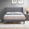 Upholstered Bed with Wings Design - Strong Wood Slat Support - Easy Assembly - Dark Gray Velvet;  Queen;  platform bed