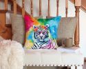 NEW Hippie Animal White Tiger Throw Pillow Machine Washable, Indoor Outdoor Decorative Pillow for Couch, Bed or Patio, 14Hx14W