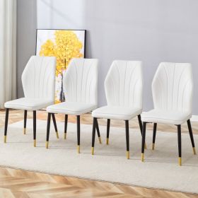 4 Modern Dining Chairs With Stylish PU Patterned Backrest And Black Metal Legs For A Comfortable Home Experience In The Kitchen, Bedroom And Offi (Color: White)