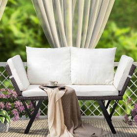 Stretchable Brown Rattan, Beige Cushion, Woven Rattan Bench (Option: Brown beige)