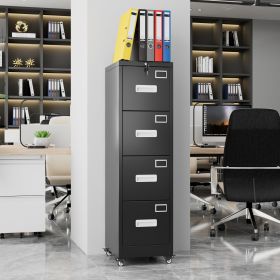 4 Drawer Vertical File Cabinet On Wheels, Lockable Office Files Storage Cabinet With Handle And Name Card,Mobile Storage Cabinet For Office And H (Color: Black)