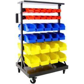 6-Tier Dual-Sided Rolling Bin Rack , 350 Pound Capacity, Includes 60 Organizer Bins, With Tray And Casters (Color: Black)