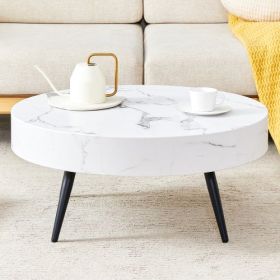 31.5 White Marble-Patterned MDF Round Coffee Table With Black Metal Legs.Adjustable Feet,Coffee Table,Round Table Design,MDF Material,White Marbl (Color: White)