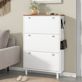 Narrow 3-Flip Drawer Shoe Cabinet Wood Grain Top Entryway Organizer (Color: White)