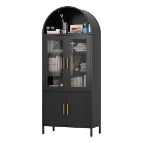 Metal Arched Storage Cabinet, Black Arch Bookcase With Glass Doors, Modern Freestanding Kitchen Pantry Cabinet For Home Office Bar Living Room (Color: Black)