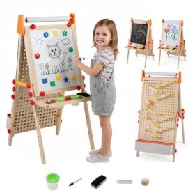 4-in-1 Kids Art Easel With Marble Run, Adjustable Height Double-Sided Drawing Easel With Paper Roll & Storage (Option: defaulttitle)