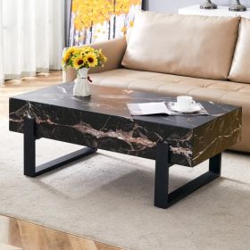 47.2x23.6 Black And White Minimalist MDF Marble-Patterned Coffee Table.White Marble Pattern Sticker,Black Metal Leg Spray Coating,MDF Coffee Tabl (Color: Black)