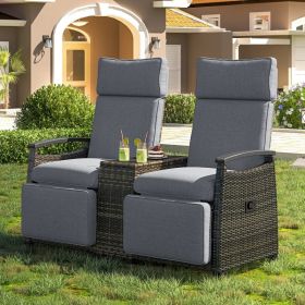 Terrace Lounge Chair Double Sofa, Adjustable Backrest Willow Outdoor Leisure Chair Set, Equipped With Acacia Wood Armrests And Built-in Storage T (Option: Gray)
