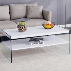 Double Rectangular Coffee Table. The Board Surface Is MDF, With White Stickers, And Both Sides Are Transparent Tempered Glass. Suitable For Livin (Color: White)
