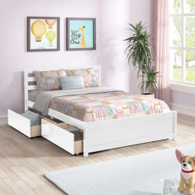 Full Size Wood Platform Bed Frame With 4 Storage Drawers And Headboard Of White Color For All Ages (Color: White)
