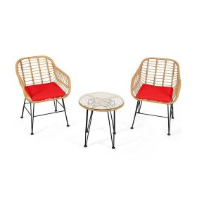 3 Pieces Rattan Furniture Set With Cushioned Chair Table (Color: Red)