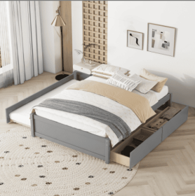 FULL BED WITH TWIN SIZE TRUNDLE AND TWO DRAWERS (Option: Gray)