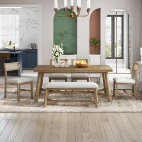 TREXM 6-piece Retro Farmhouse Style Dining Set, Rectangular Table And 4 Upholstered Chairs With Ratt (Option: Natural Wood Wash)