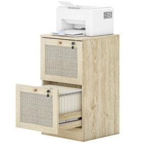 2 Drawer Filing Cabinet with Lock, Boho File Cabinet for A4 Letter Size Files with Decorative Rattan Accents, Oak (Option: OAK)