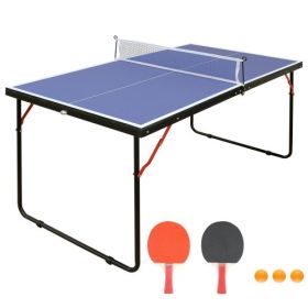 4.5ft Table Tennis Table Foldable & Portable Ping Pong Table Set With Net And 2 Ping Pong Paddles For Indoor Outdoor Game (Color: Blue)