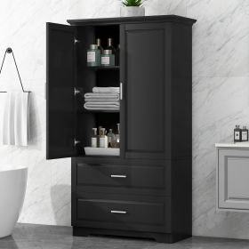 Tall Bathroom Storage Cabinet, Cabinet with Two Doors and Drawers, Adjustable Shelf, MDF Board (Material: MDF, Color: Black)