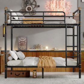 Double Bed Plus Double Bed Plus Metal Bunk Bed, Industrial Grade Detachable Bunk Bed With Safety Railing, Suitable For Teenagers, Black, Prohibit (Option: Black with Rustic Wood)