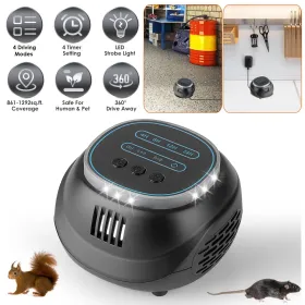Ultrasonic Rodent Chaser Rat Repellent Pest Driver Mouse Control Squirrel Repeller With 4 Modes 4-65KHz Strobe Light 4 Timer 1292sq.ft. Coverage (Option: Black)