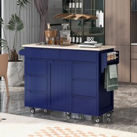 K&K Store Kitchen Cart With Rubber Wood Top, 8 Handle-Free Drawers (Color: Blue)