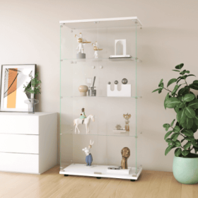 Wo-door Glass Display Cabinet 4 Shelves With Door, Floor Standing Curio Bookshelf For Living Room Bedroom Office, 64.7x31.7x14.3, White (Color: White)